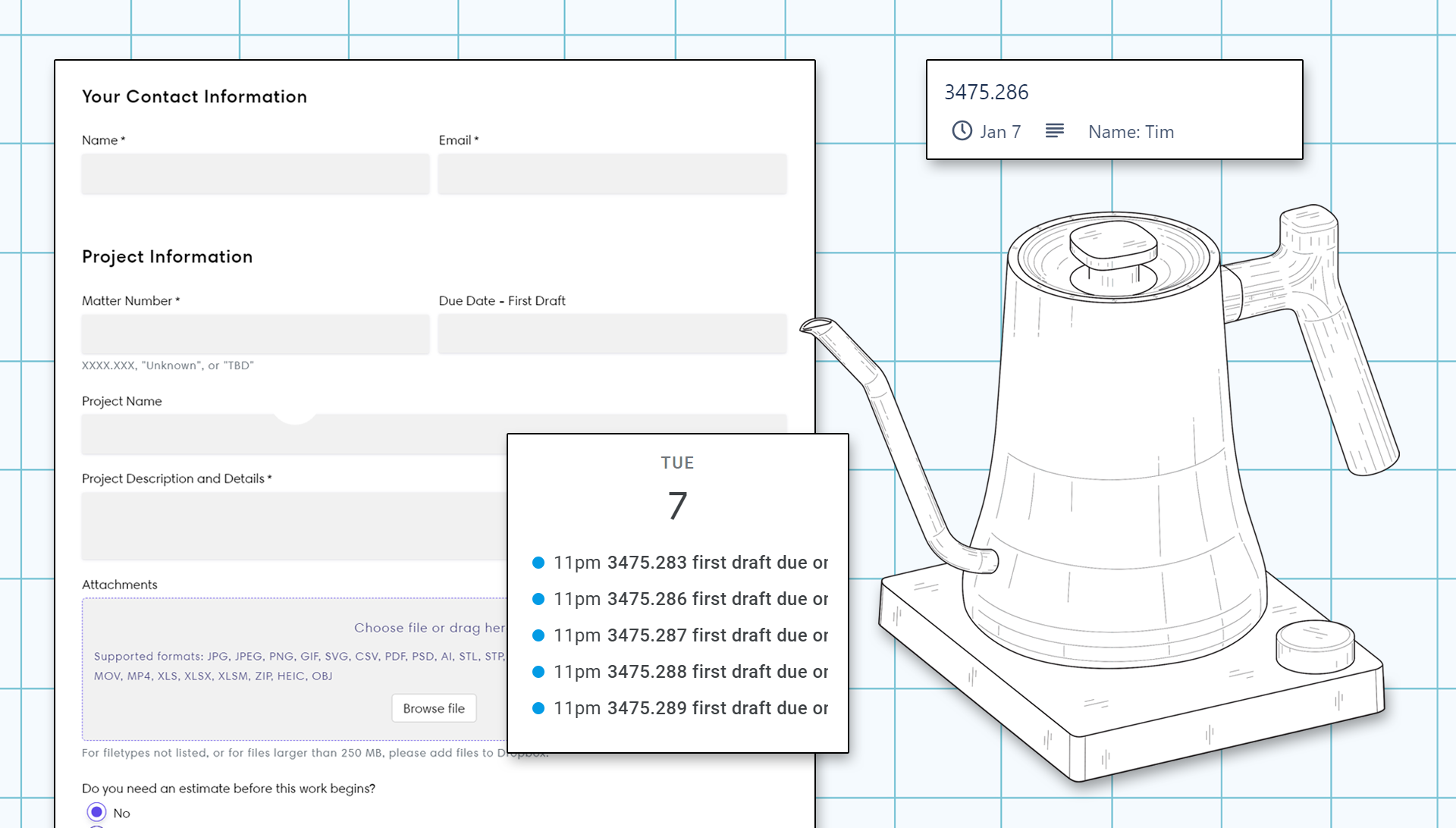 Collage of intake form, calendar event, and Trello task along side patent drawing of a tea kettle