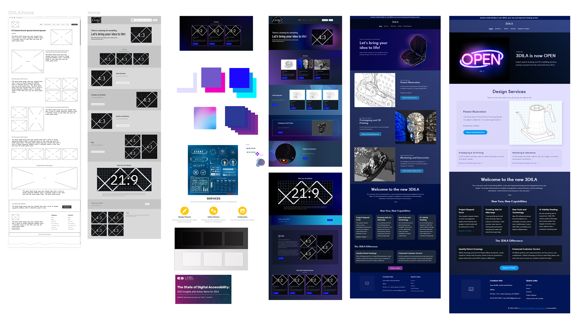 Wireframes and mockups exploring color and content