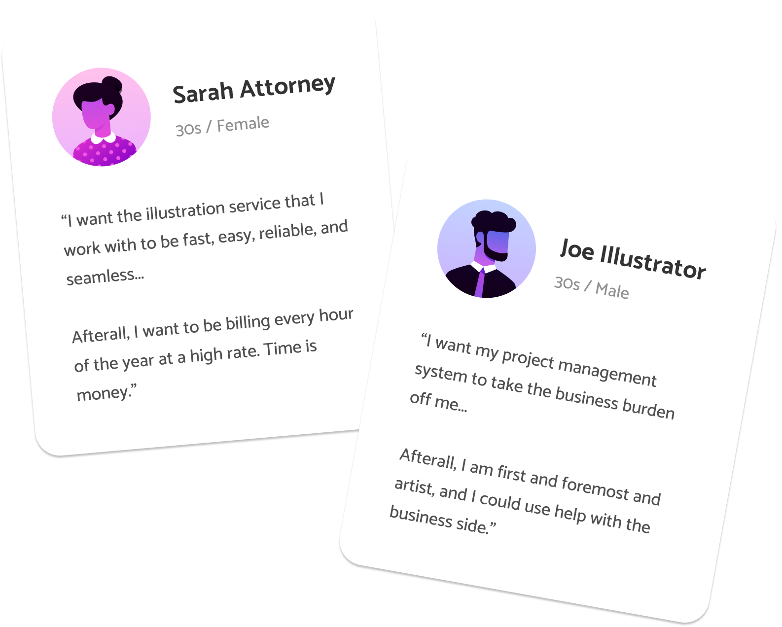 Persona cards for Sarah Attorney and Joe Illustrator.