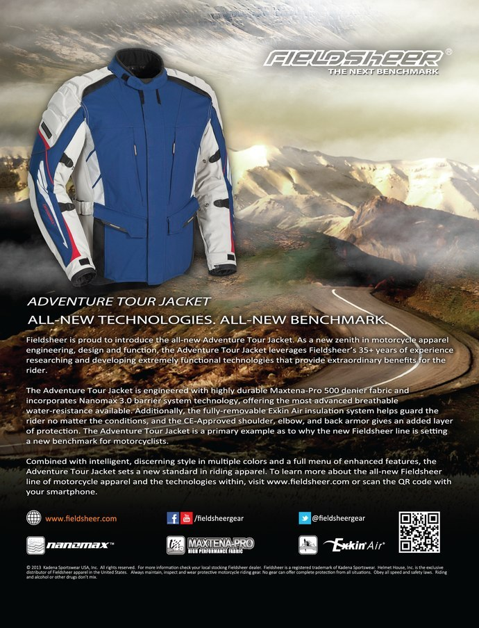 Ad depicting the blue and white adventure jacket, with a mountainous windy road in the background