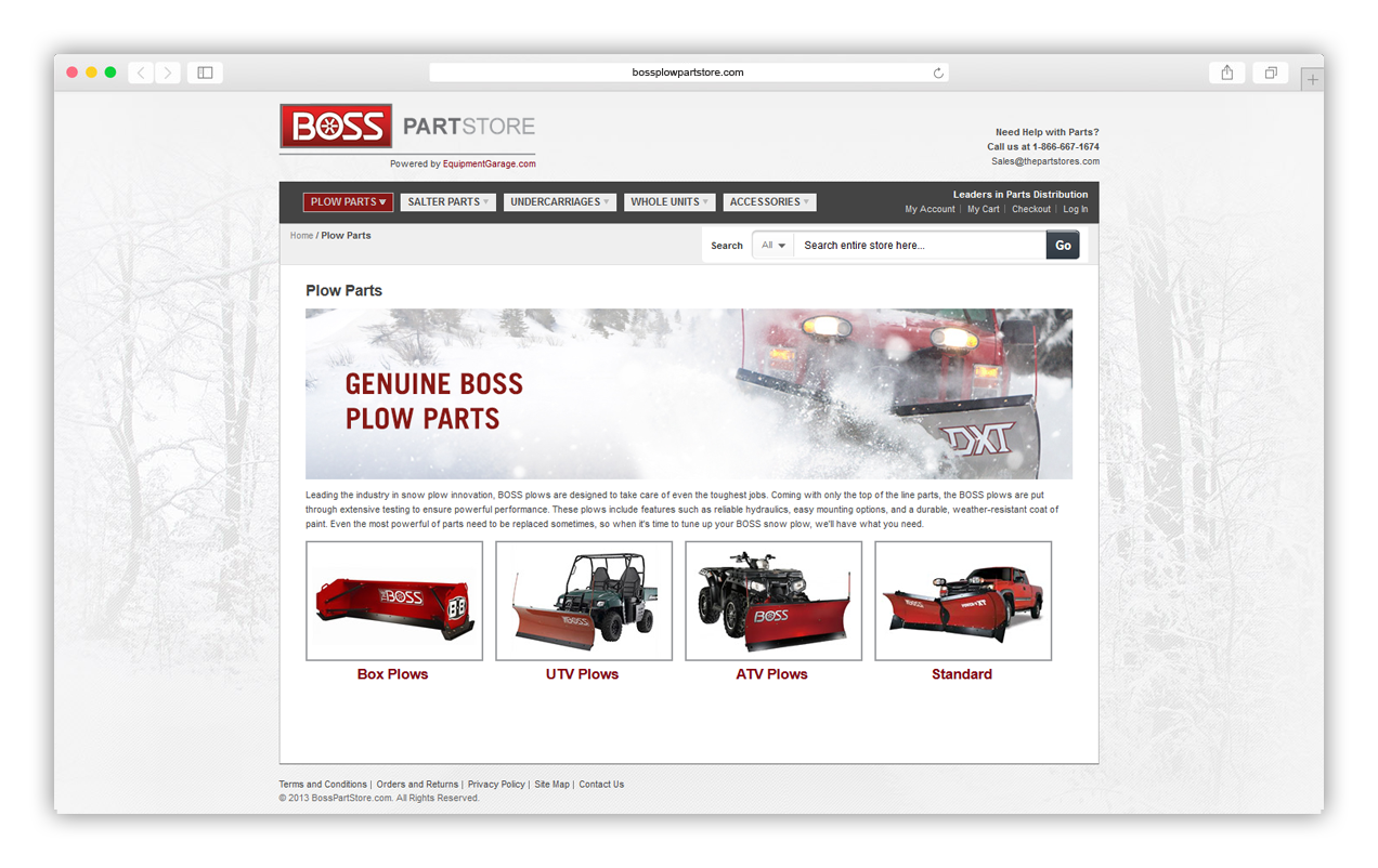 Page showing categories for box, UTV, ATV, and standard plows