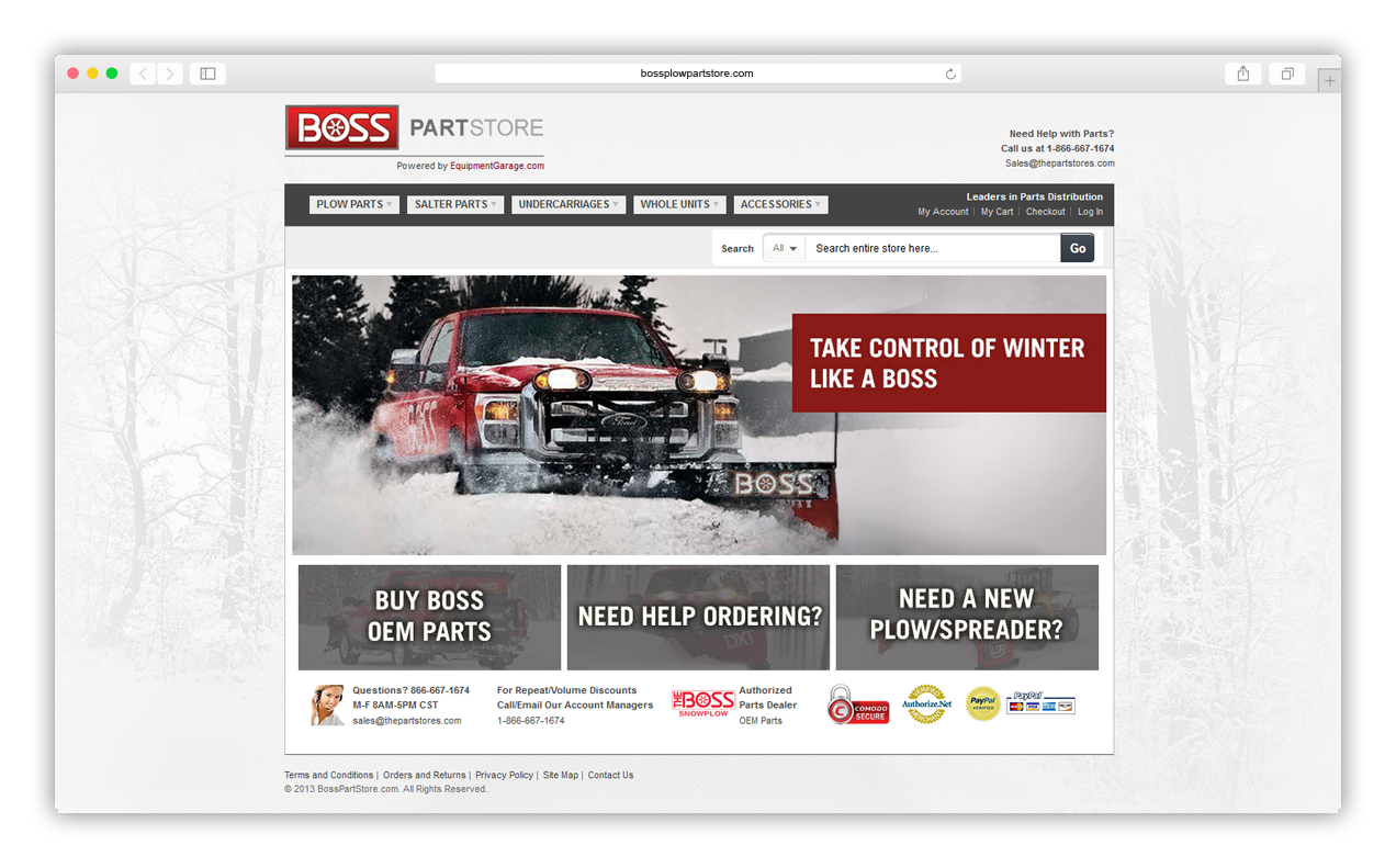 Desktop view of homepage, showing a red truck plowing snow with a Boss plow