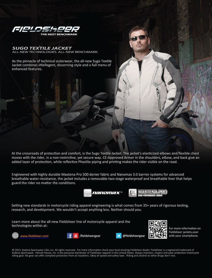 Ad depicting the model wearing the Sugo jacket, with a motorcycle and grafiti in the background
