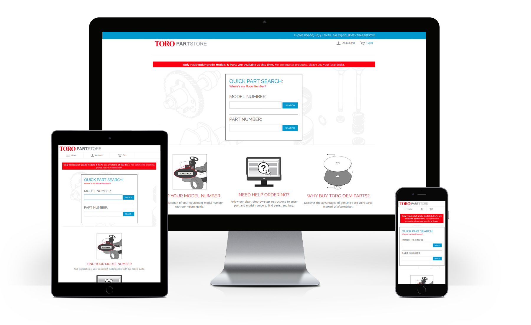 Desktop, tablet, and mobile views of the Toro Part Stores website