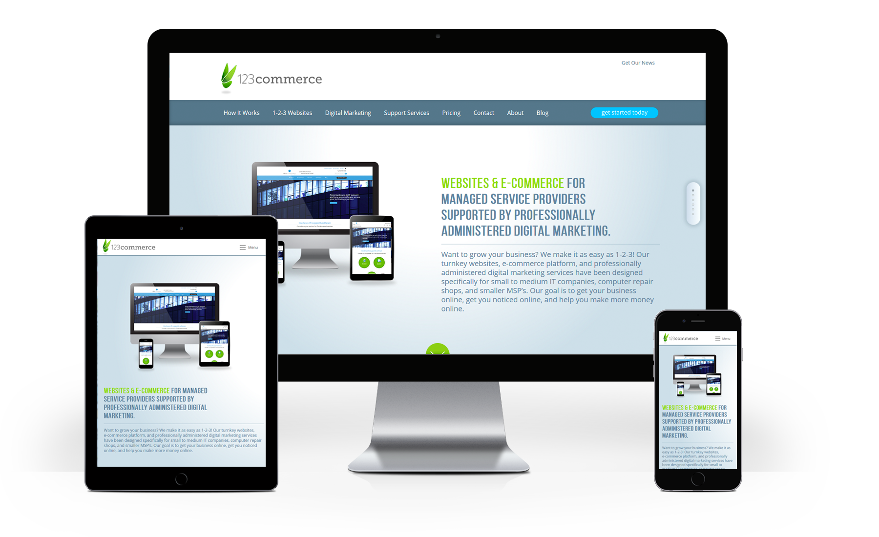 Desktop, tablet, and mobile views of the 123Commerce homepage