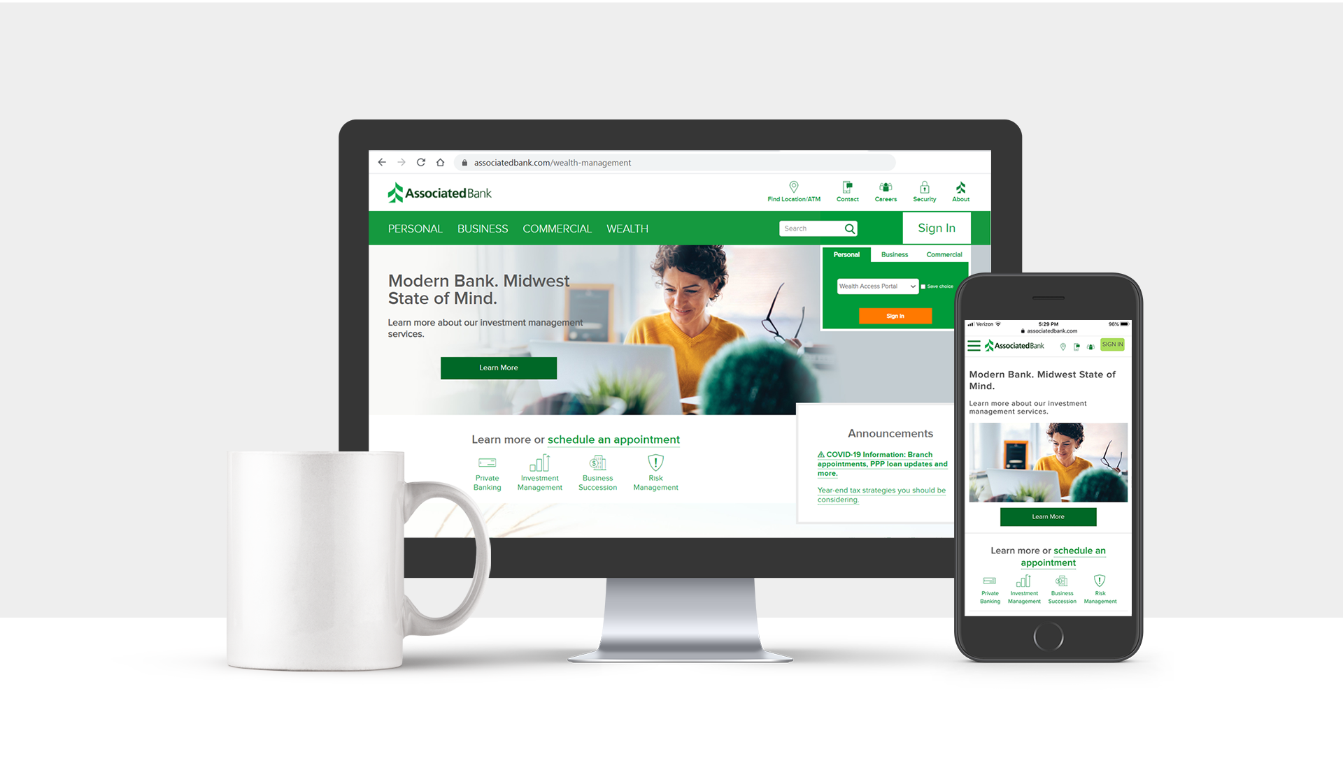 Mockup showing website on desktop and mobile, alongside a coffee cup