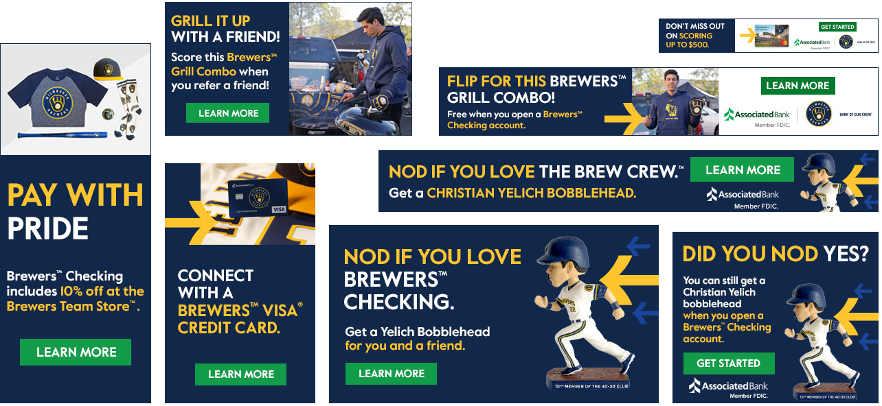 Collection of colorful banner ads for Milwaukee Brewers baseball, in various sizes