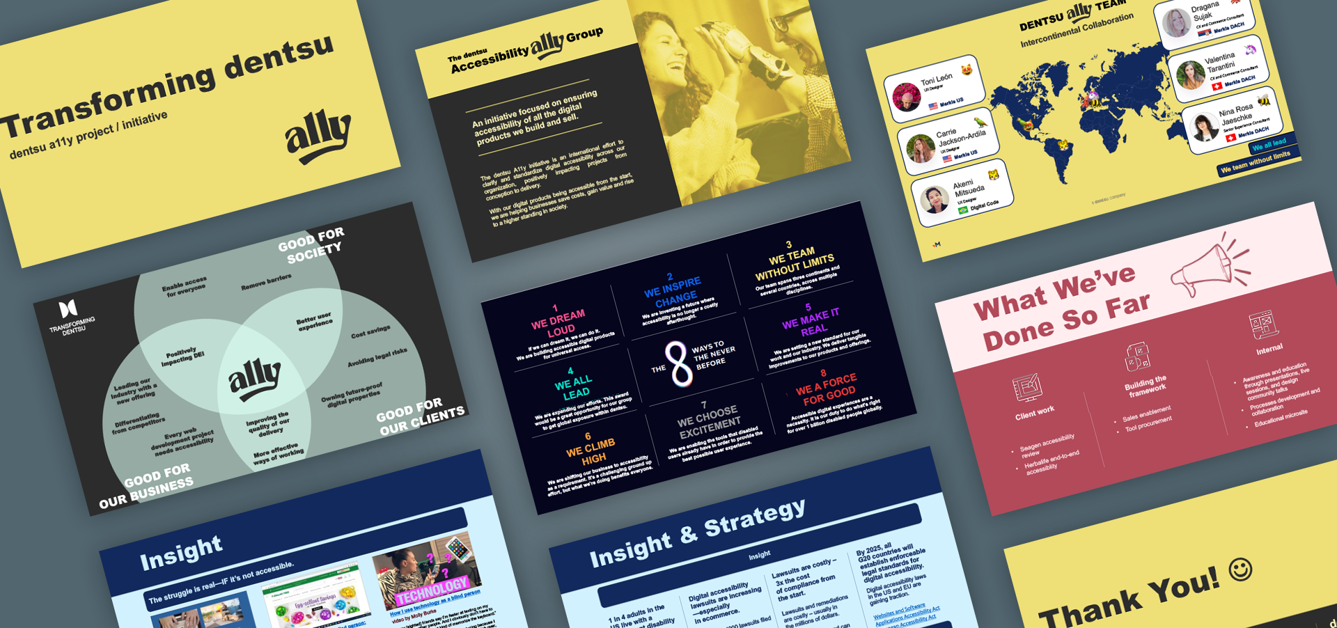 Colorful presentation slides outlining the case study, members of the group, and the eight ways that the A11y project delivers on digital transformation